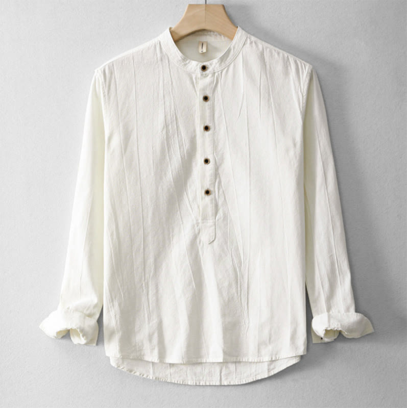 Plain Pleats Half Buttons Design Stand Collar Men's Long Sleeve Cotton Linen Shirt