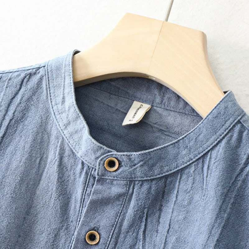 Plain Pleats Half Buttons Design Stand Collar Men's Long Sleeve Cotton Linen Shirt