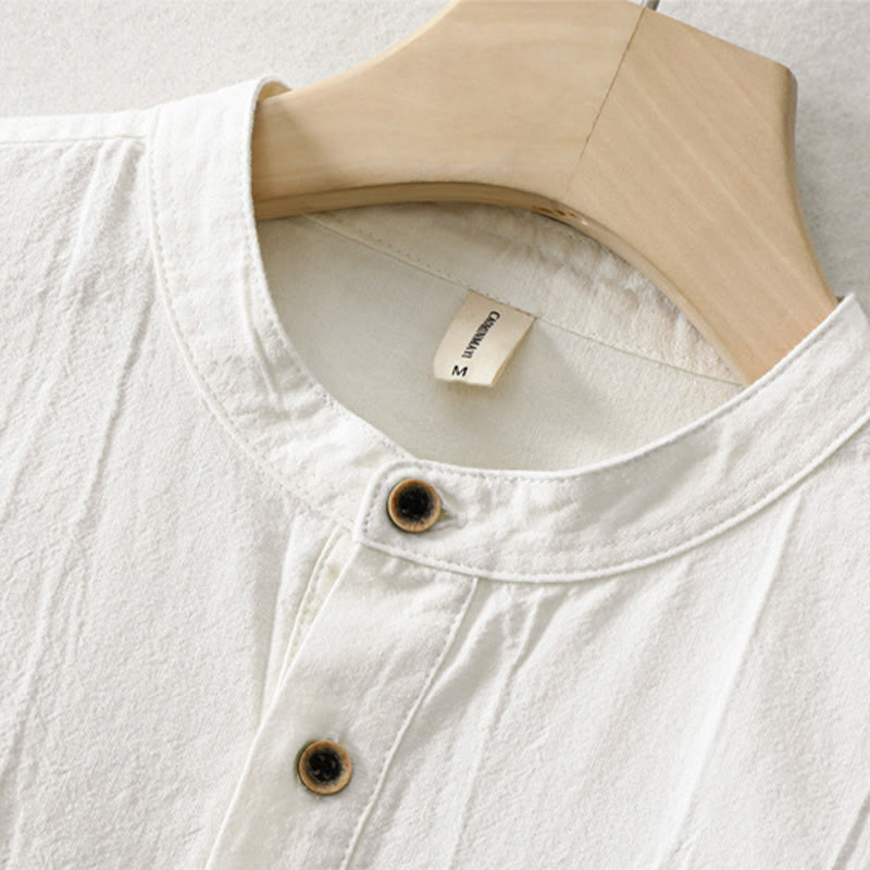 Plain Pleats Half Buttons Design Stand Collar Men's Long Sleeve Cotton Linen Shirt