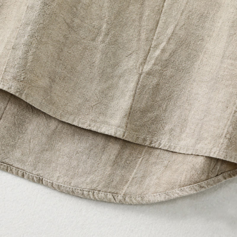 Plain Pleats Half Buttons Design Stand Collar Men's Long Sleeve Cotton Linen Shirt