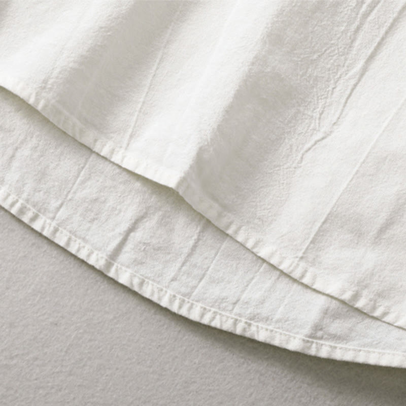 Plain Pleats Half Buttons Design Stand Collar Men's Long Sleeve Cotton Linen Shirt