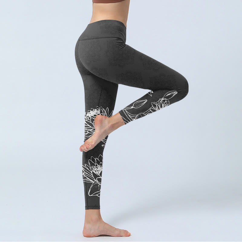 White Sketch Lotus Flowers Leaves Print Gym Leggings Women's Yoga Pants