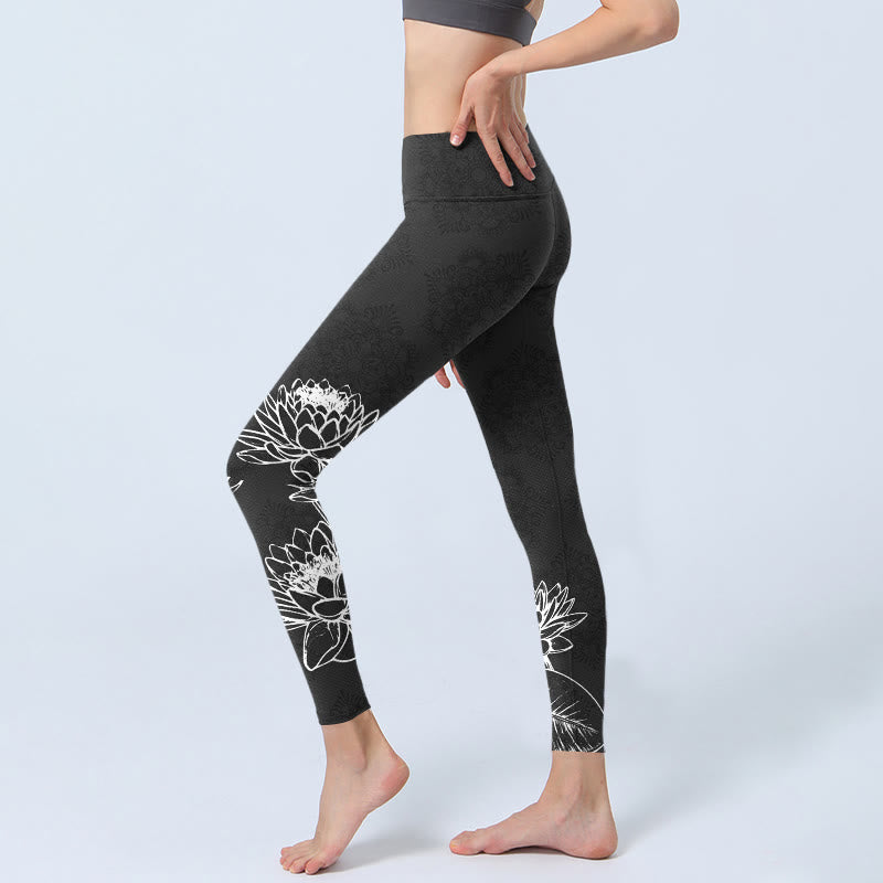 White Sketch Lotus Flowers Leaves Print Gym Leggings Women's Yoga Pants