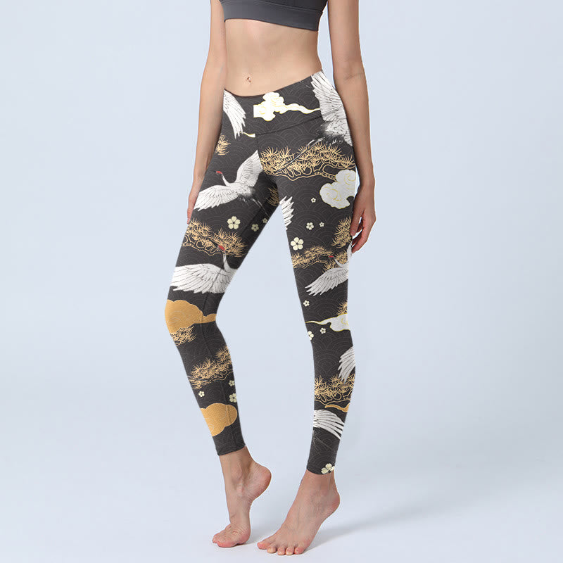 White Red-crowned Cranes Golden Pine Trees Print Gym Leggings Women's Yoga Pants