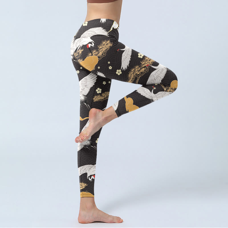 White Red-crowned Cranes Golden Pine Trees Print Gym Leggings Women's Yoga Pants