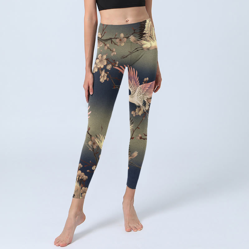 White Crane White Blossoming Branch Print Gym Leggings Women's Yoga Pants