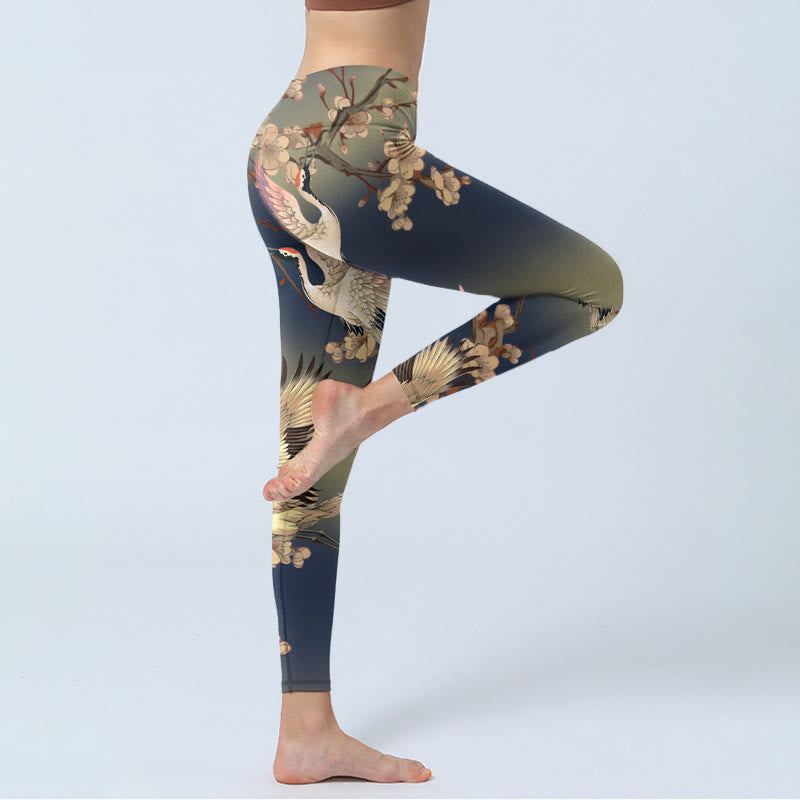 White Crane White Blossoming Branch Print Gym Leggings Women's Yoga Pants