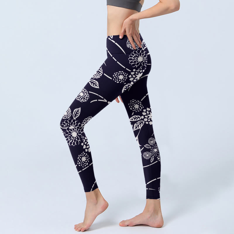 White Sketch Chrysanthemums Print Gym Leggings Women's Yoga Pants