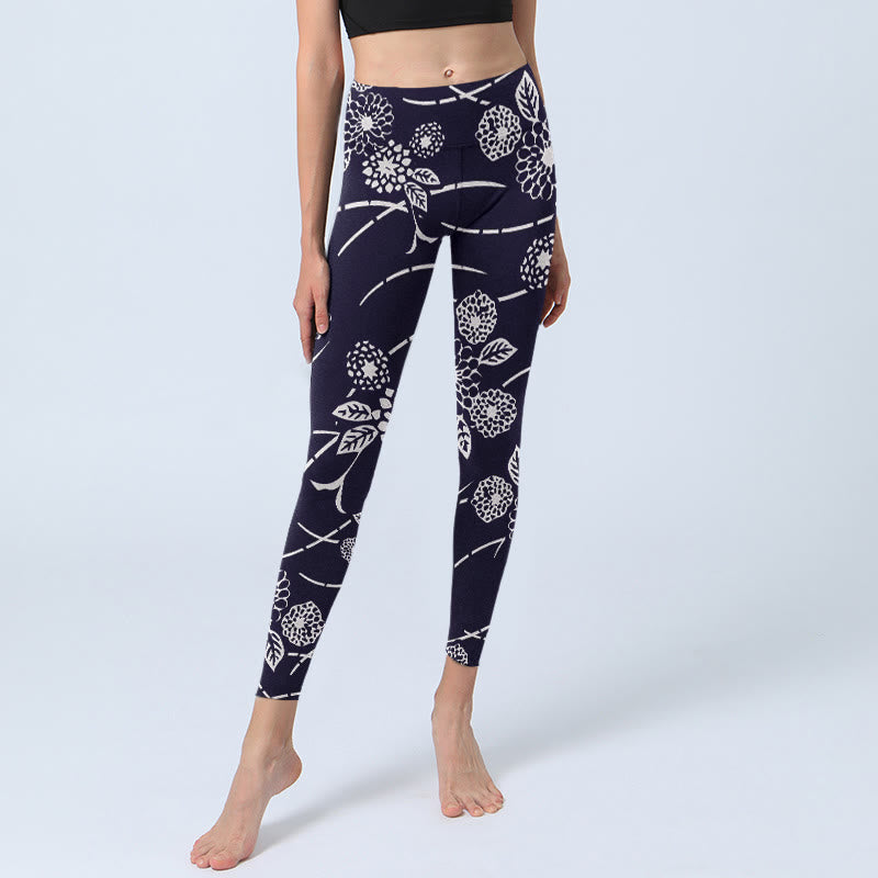 White Sketch Chrysanthemums Print Gym Leggings Women's Yoga Pants