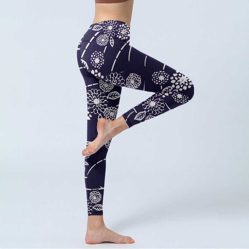 White Sketch Chrysanthemums Print Gym Leggings Women's Yoga Pants