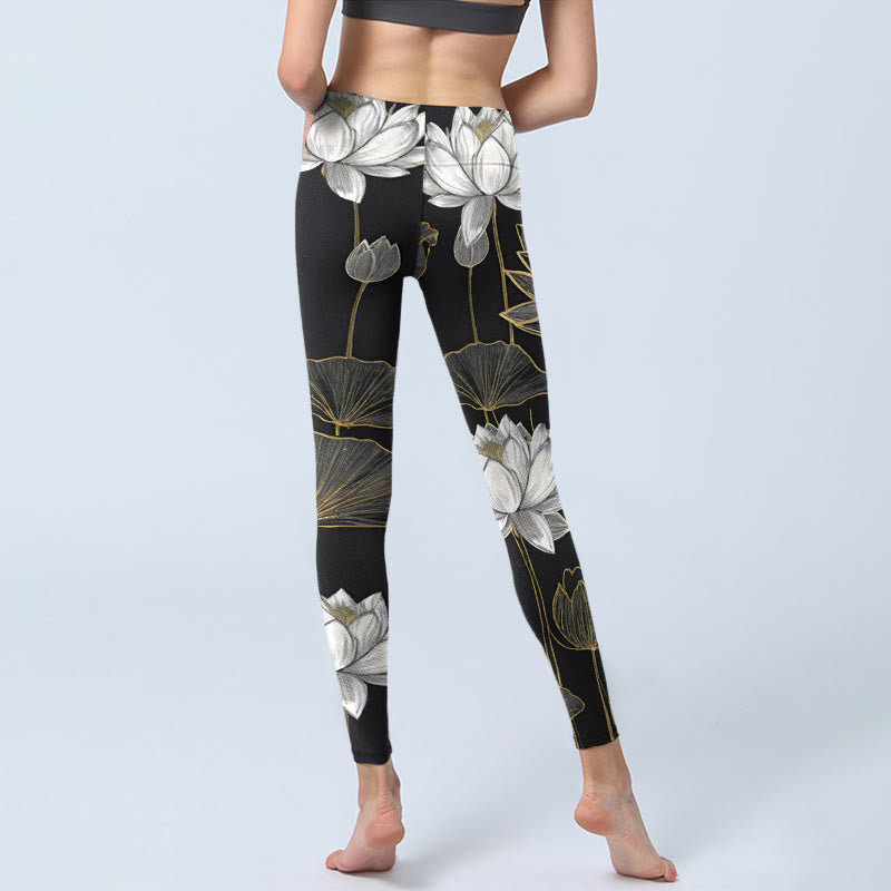 White Golden Lotus Leaves Print Gym Leggings Women's Yoga Pants