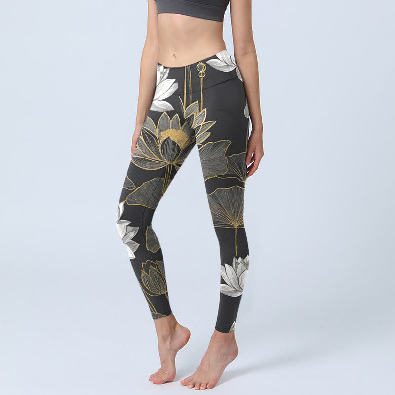 White Golden Lotus Leaves Print Gym Leggings Women's Yoga Pants