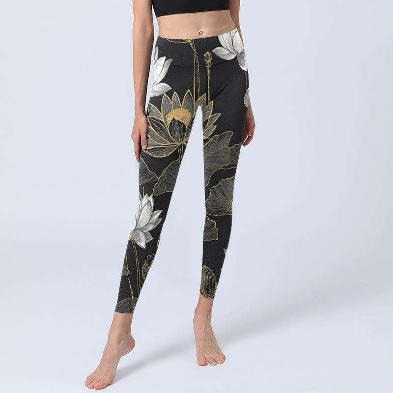 White Golden Lotus Leaves Print Gym Leggings Women's Yoga Pants