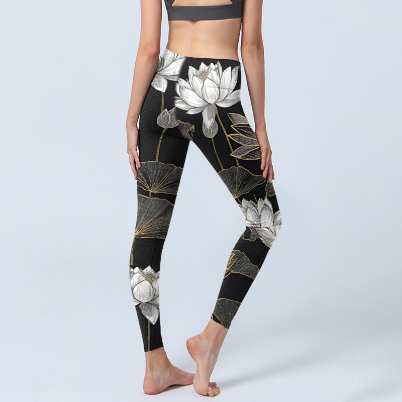 White Golden Lotus Leaves Print Gym Leggings Women's Yoga Pants