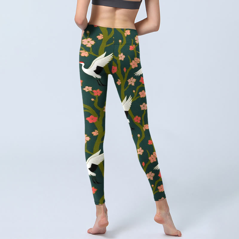 White Red-crowned Cranes Red Orange Flower Trees Print Gym Leggings Women's Yoga Pants