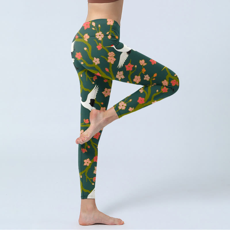 White Red-crowned Cranes Red Orange Flower Trees Print Gym Leggings Women's Yoga Pants