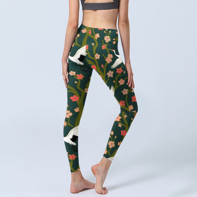 White Red-crowned Cranes Red Orange Flower Trees Print Gym Leggings Women's Yoga Pants
