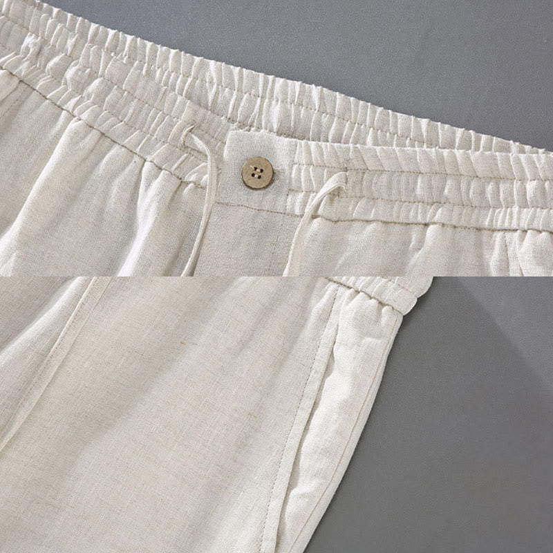 Summer Solid Color Drawstring Button Design Men's Linen Shorts With Pockets