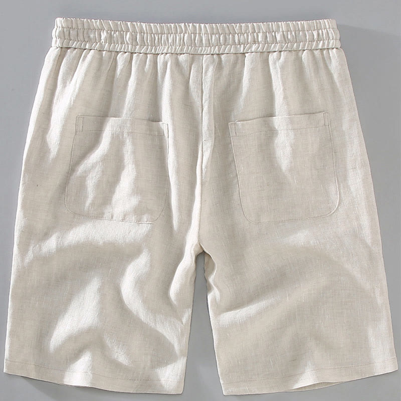Summer Solid Color Drawstring Button Design Men's Linen Shorts With Pockets