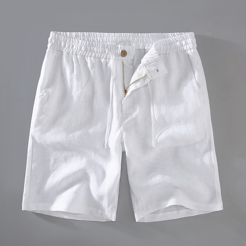 Summer Solid Color Drawstring Button Design Men's Linen Shorts With Pockets
