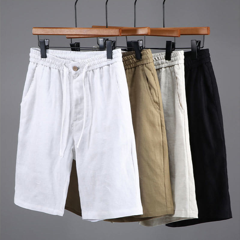 Summer Solid Color Drawstring Button Design Men's Linen Shorts With Pockets