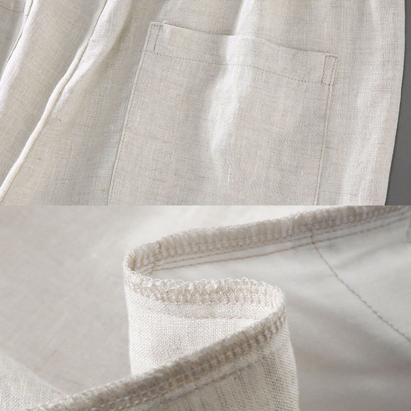 Summer Solid Color Drawstring Button Design Men's Linen Shorts With Pockets