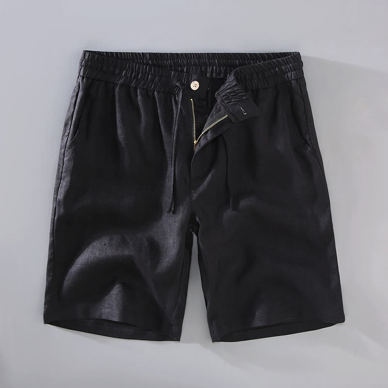 Summer Solid Color Drawstring Button Design Men's Linen Shorts With Pockets