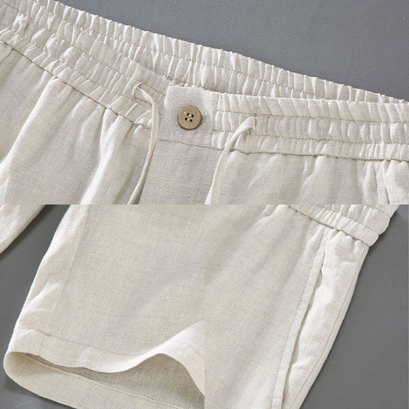 Summer Solid Color Drawstring Button Design Men's Linen Shorts With Pockets