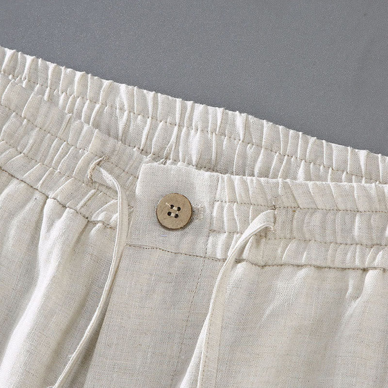 Summer Solid Color Drawstring Button Design Men's Linen Shorts With Pockets