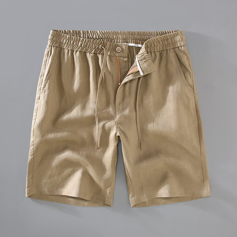 Summer Solid Color Drawstring Button Design Men's Linen Shorts With Pockets