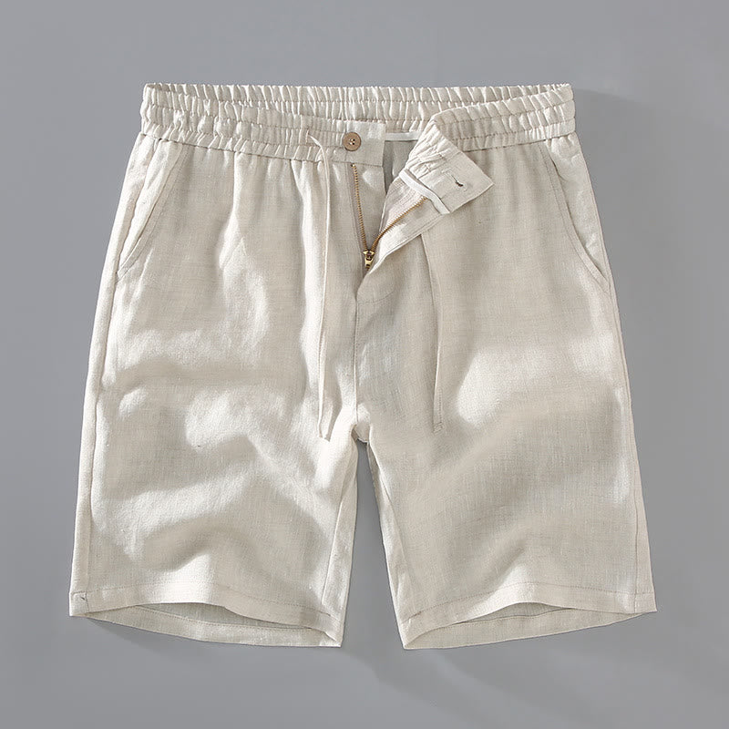 Summer Solid Color Drawstring Button Design Men's Linen Shorts With Pockets