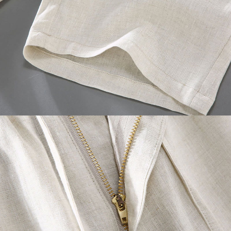 Summer Solid Color Drawstring Button Design Men's Linen Shorts With Pockets
