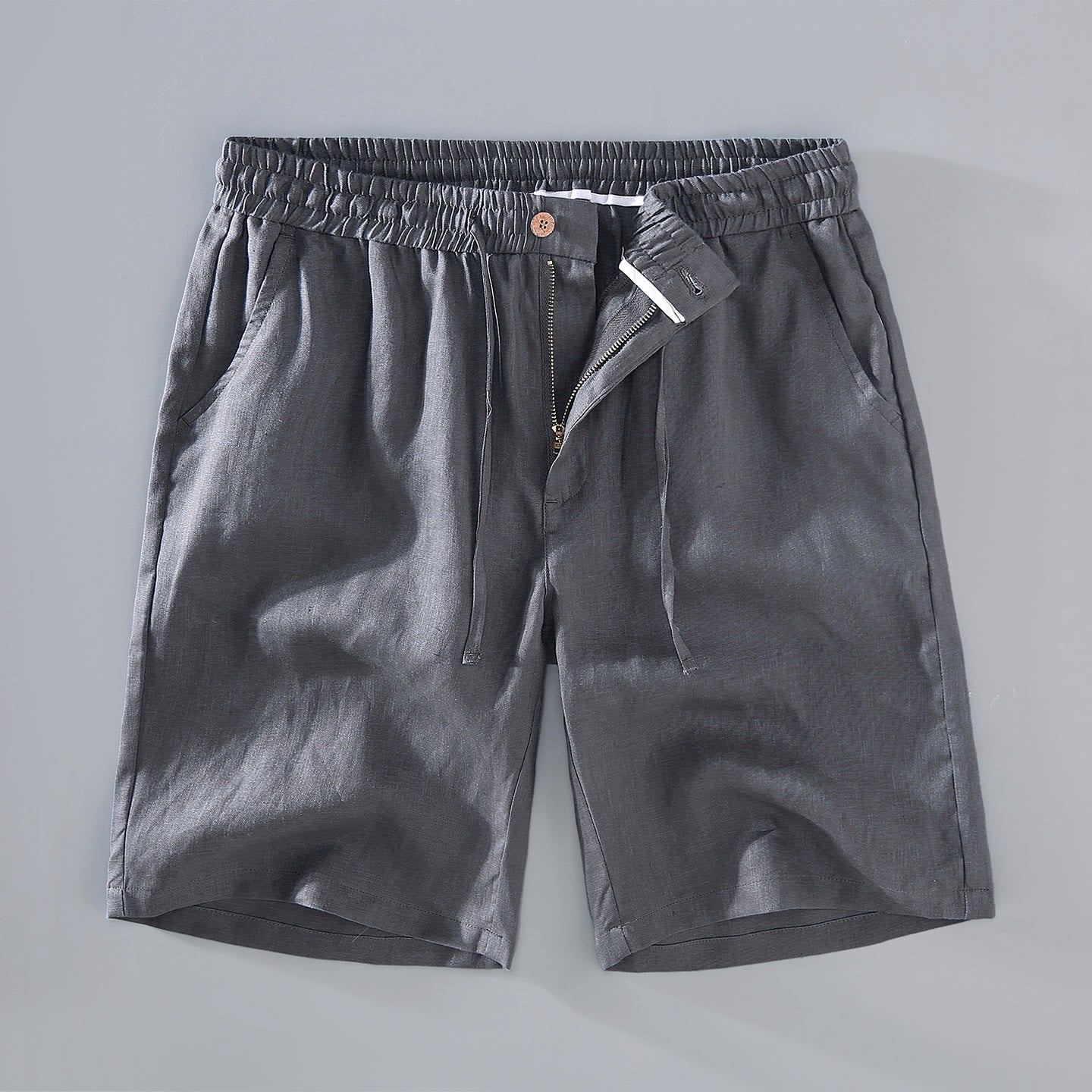 Summer Solid Color Drawstring Button Design Men's Linen Shorts With Pockets