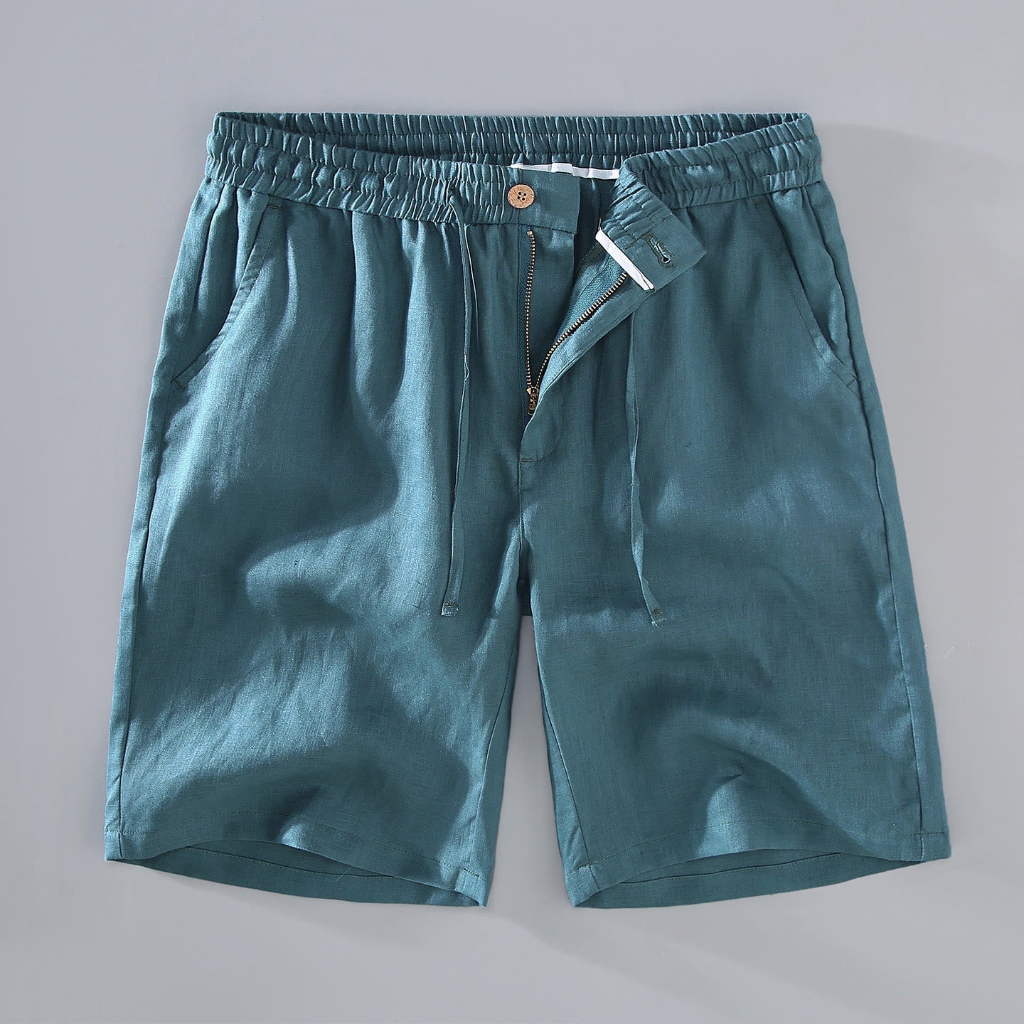 Summer Solid Color Drawstring Button Design Men's Linen Shorts With Pockets