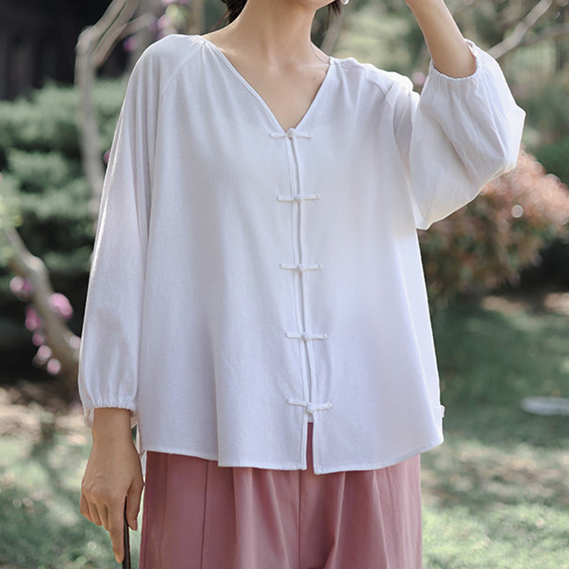 Tactile Cotton Linen Minimalist Frog-Button Meditation Shirt