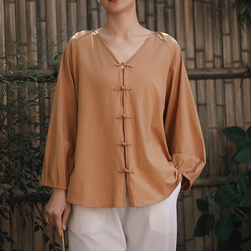Tactile Cotton Linen Minimalist Frog-Button Meditation Shirt