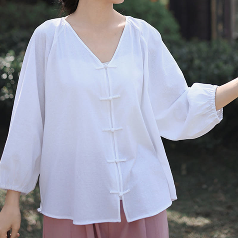 Tactile Cotton Linen Minimalist Frog-Button Meditation Shirt
