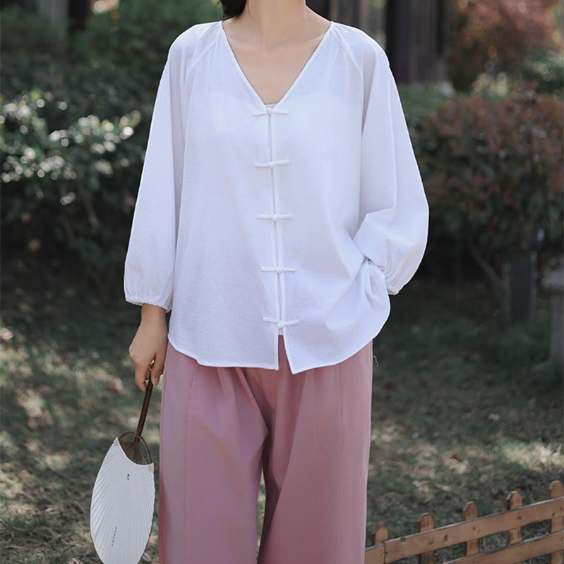 Tactile Cotton Linen Minimalist Frog-Button Meditation Shirt
