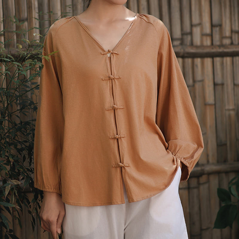 Tactile Cotton Linen Minimalist Frog-Button Meditation Shirt