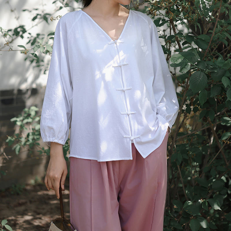 Tactile Cotton Linen Minimalist Frog-Button Meditation Shirt
