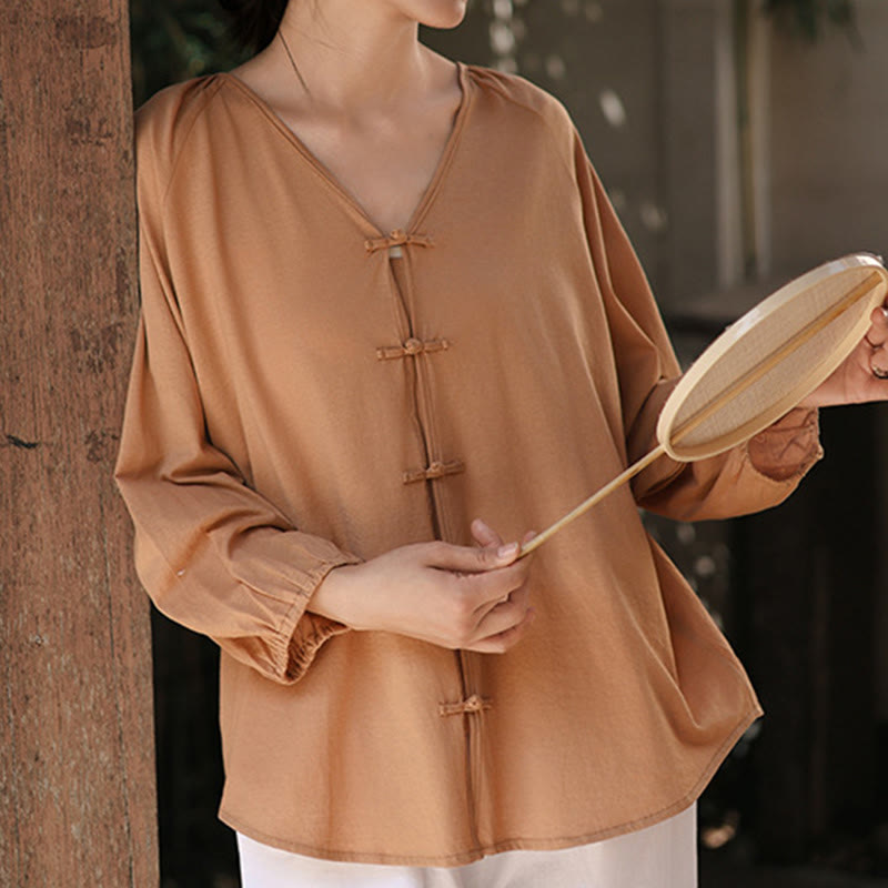 Tactile Cotton Linen Minimalist Frog-Button Meditation Shirt