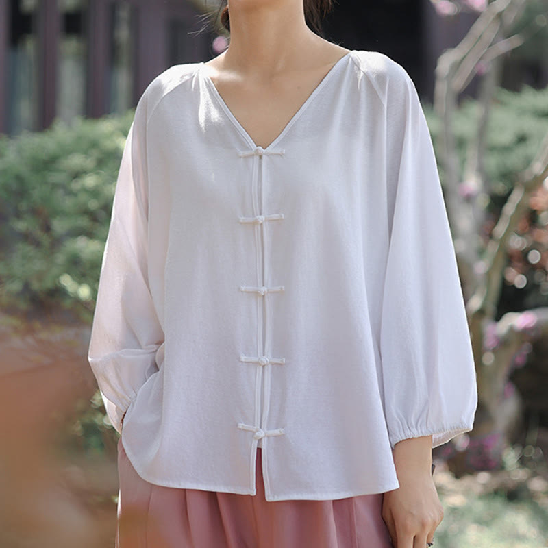 Tactile Cotton Linen Minimalist Frog-Button Meditation Shirt