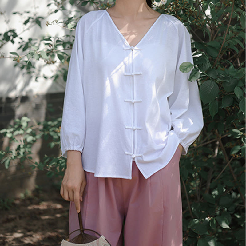 Tactile Cotton Linen Minimalist Frog-Button Meditation Shirt