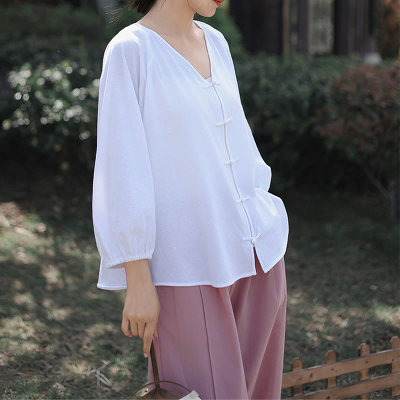 Tactile Cotton Linen Minimalist Frog-Button Meditation Shirt