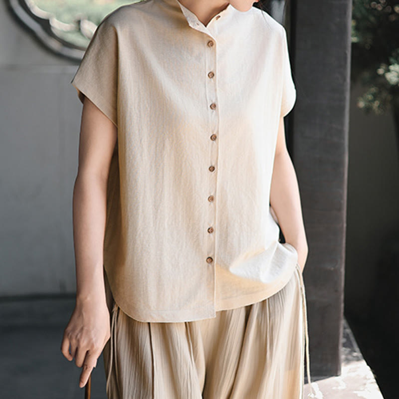 Vintage Buttons Design Stand Collar Cotton Short Sleeve Women's Shirt