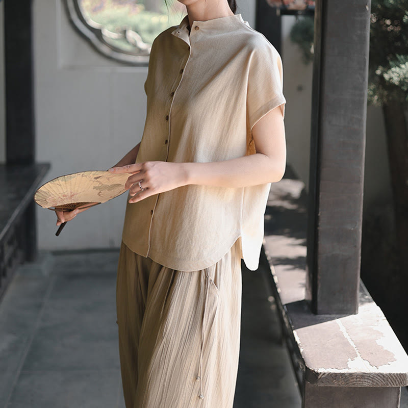 Vintage Buttons Design Stand Collar Cotton Short Sleeve Women's Shirt