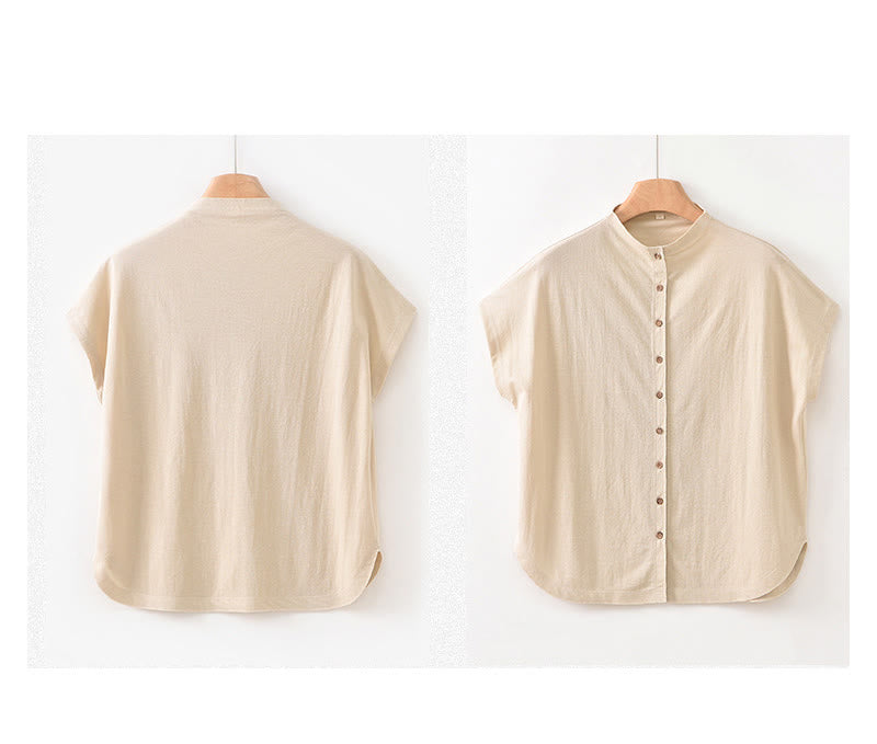 Vintage Buttons Design Stand Collar Cotton Short Sleeve Women's Shirt