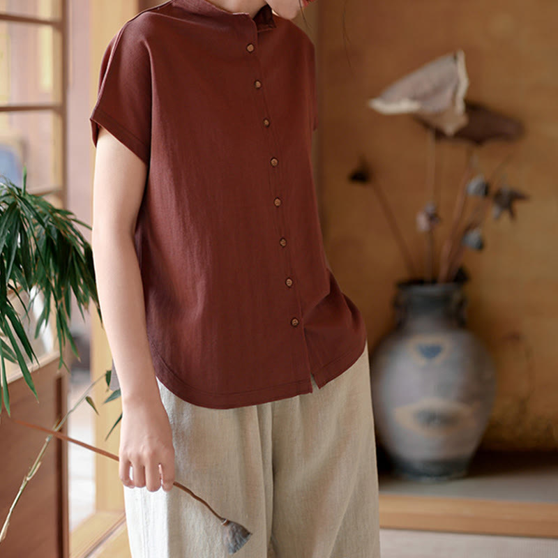 Vintage Buttons Design Stand Collar Cotton Short Sleeve Women's Shirt