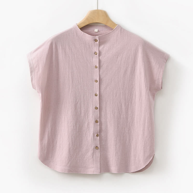 Vintage Buttons Design Stand Collar Cotton Short Sleeve Women's Shirt