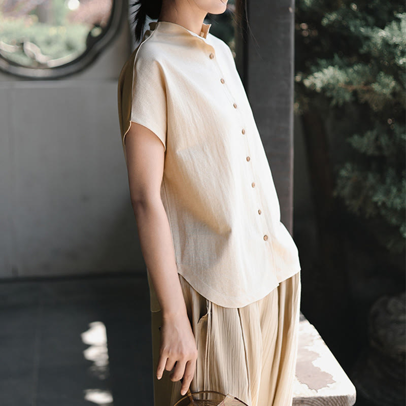 Vintage Buttons Design Stand Collar Cotton Short Sleeve Women's Shirt